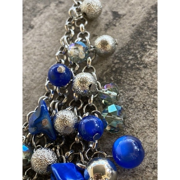 Necklace Fashion Apron Beaded Silver Tone Blue 19”+3” - Picture 4 of 9